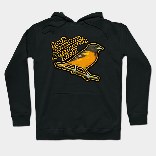 Look Grandma, A Halloween Bird! Oriole Bird in Orange Hoodie by Mochabonk